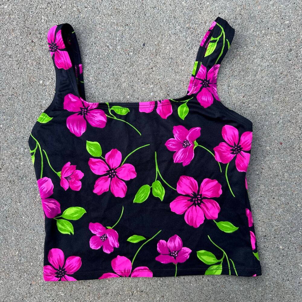 Vintage 90s Catalina Tankini Swim Top Black Purple Floral Tropical SMALL